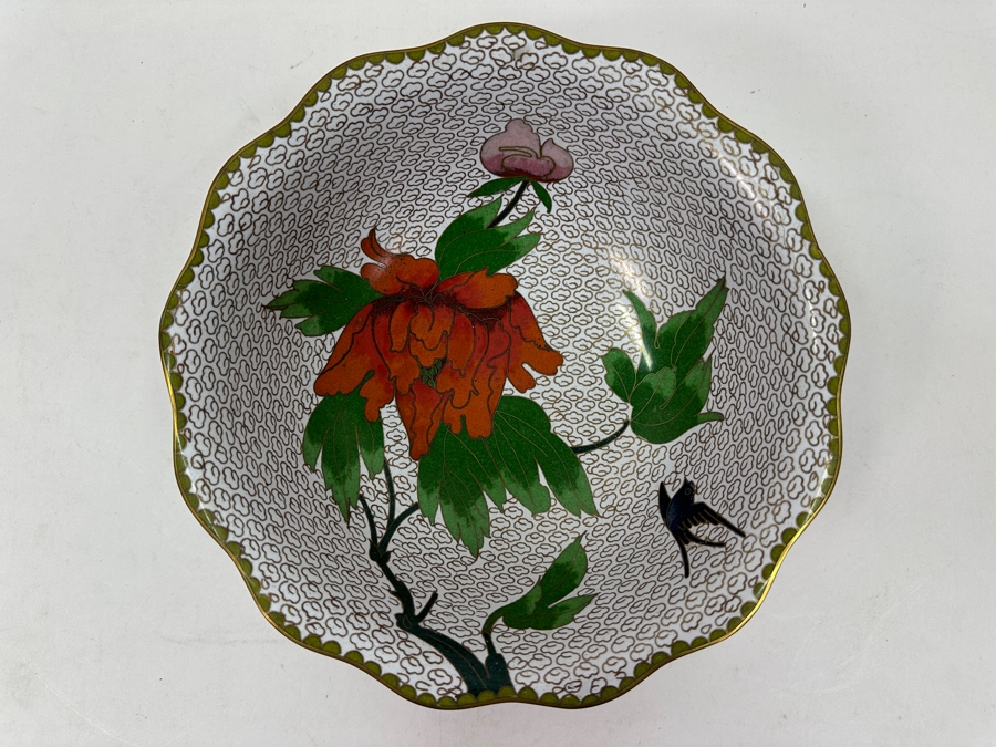 Vintage Chinese Cloisonné Bowl With Floral Design and Bird Motif 8.25'W x 2.5'H [Photo 2]