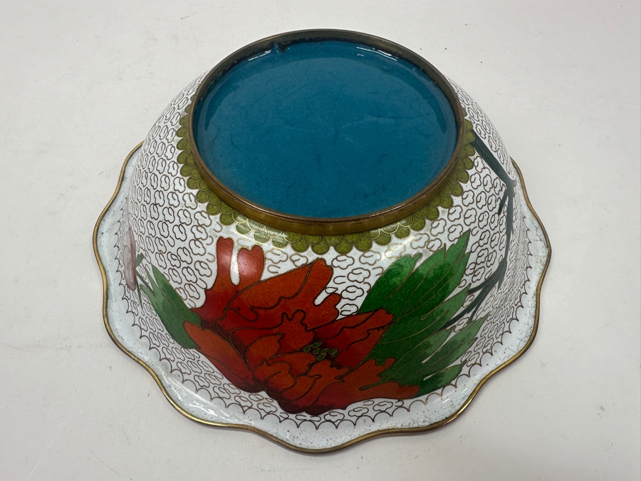 Vintage Chinese Cloisonné Bowl With Floral Design and Bird Motif 8.25'W x 2.5'H [Photo 5]