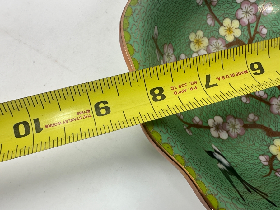Vintage Chinese Cloisonné Bowl Featuring A Bird And Cherry Blossoms On A Green Textured Background 8.25'W x 2.5'H [Photo 8]