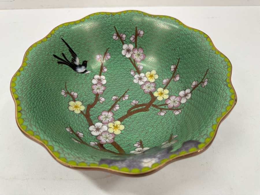 Vintage Chinese Cloisonné Bowl Featuring A Bird And Cherry Blossoms On A Green Textured Background 8.25'W x 2.5'H [Photo 3]
