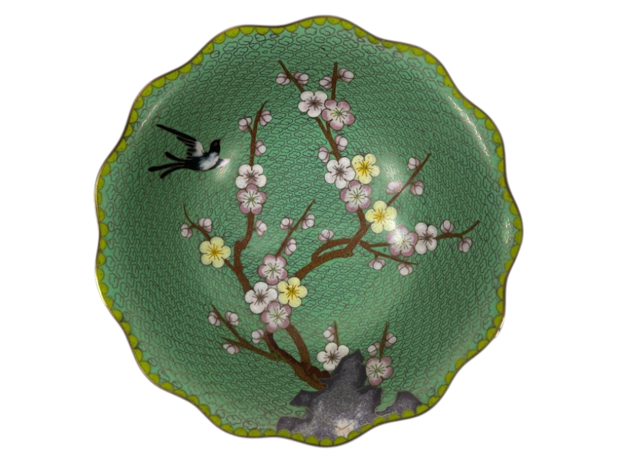 Vintage Chinese Cloisonné Bowl Featuring A Bird And Cherry Blossoms On A Green Textured Background 8.25'W x 2.5'H