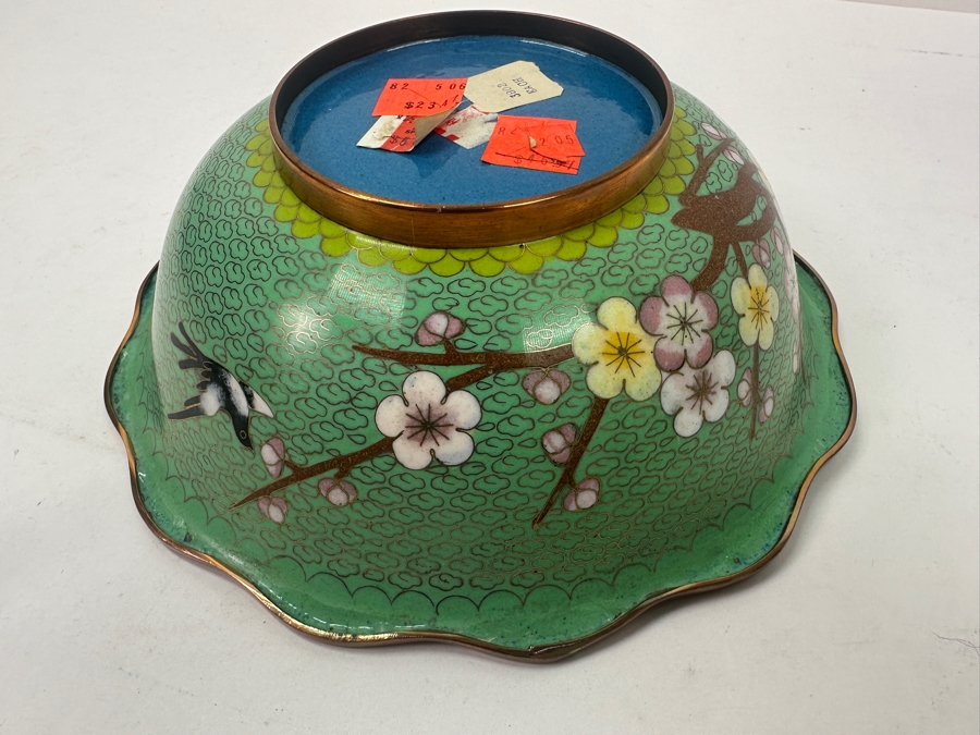 Vintage Chinese Cloisonné Bowl Featuring A Bird And Cherry Blossoms On A Green Textured Background 8.25'W x 2.5'H [Photo 6]