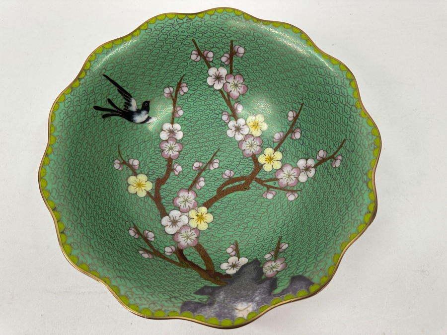 Vintage Chinese Cloisonné Bowl Featuring A Bird And Cherry Blossoms On A Green Textured Background 8.25'W x 2.5'H [Photo 2]
