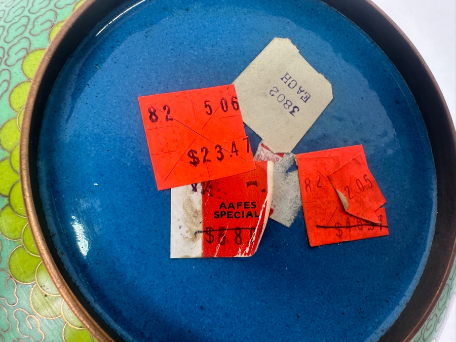 Vintage Chinese Cloisonné Bowl Featuring A Bird And Cherry Blossoms On A Green Textured Background 8.25'W x 2.5'H [Photo 7]