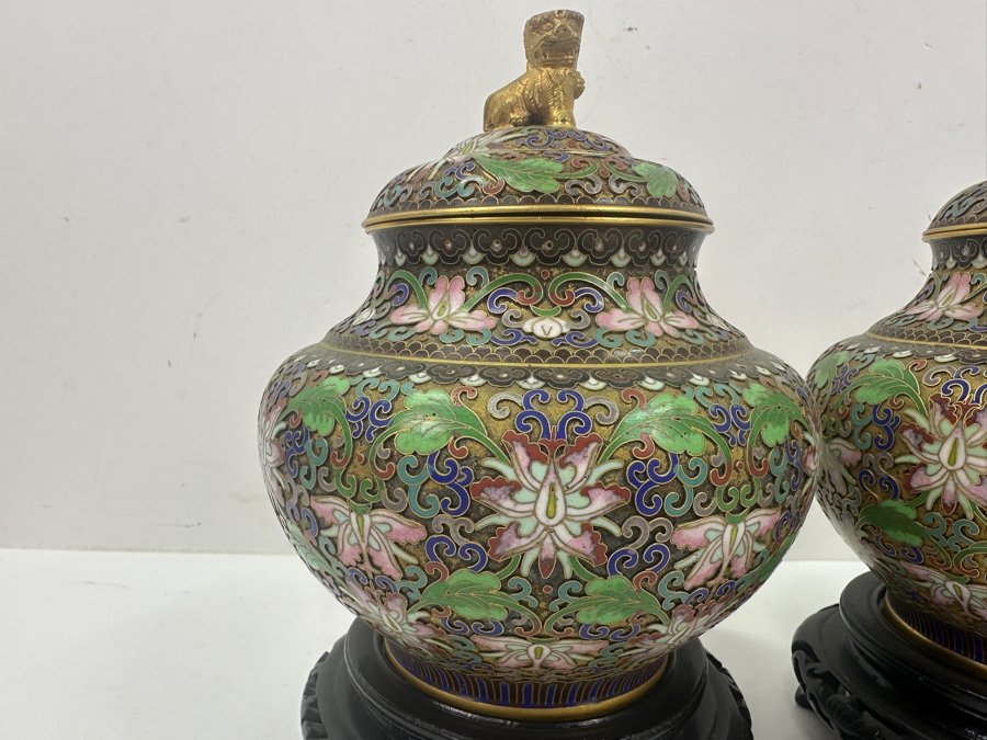 Stunning Pair Of Chinese Cloisonné Ginger Jars With Foo Dog Finials And Wood Stands 9'H [Photo 3]