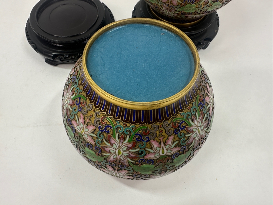 Stunning Pair Of Chinese Cloisonné Ginger Jars With Foo Dog Finials And Wood Stands 9'H [Photo 7]