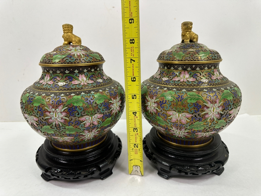 Stunning Pair Of Chinese Cloisonné Ginger Jars With Foo Dog Finials And Wood Stands 9'H [Photo 10]