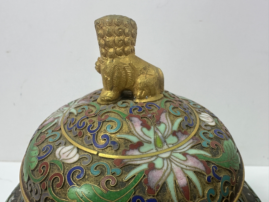 Stunning Pair Of Chinese Cloisonné Ginger Jars With Foo Dog Finials And Wood Stands 9'H [Photo 9]