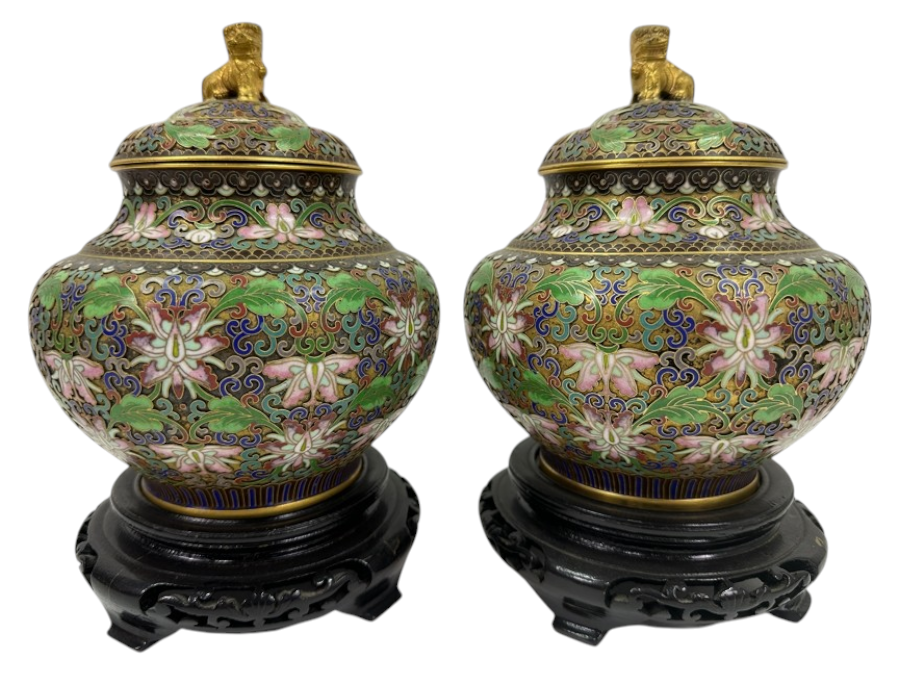 Stunning Pair Of Chinese Cloisonné Ginger Jars With Foo Dog Finials And Wood Stands 9'H