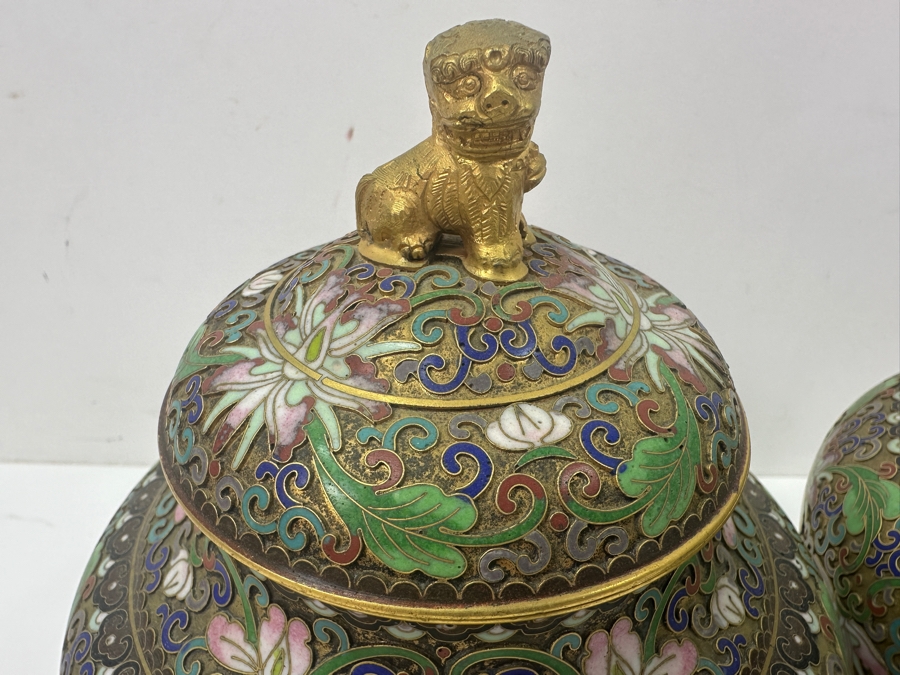 Stunning Pair Of Chinese Cloisonné Ginger Jars With Foo Dog Finials And Wood Stands 9'H [Photo 5]