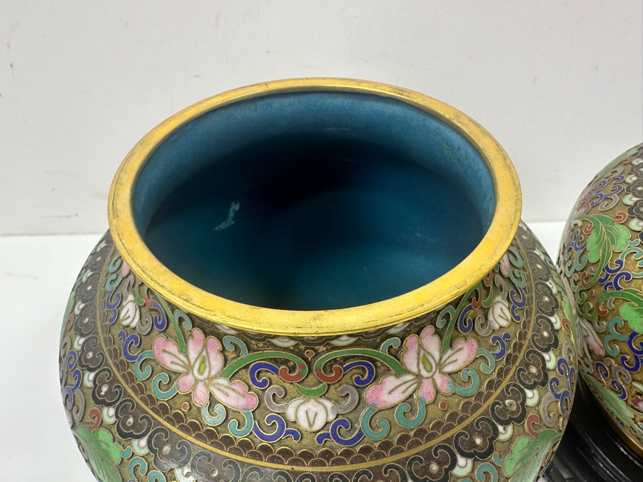 Stunning Pair Of Chinese Cloisonné Ginger Jars With Foo Dog Finials And Wood Stands 9'H [Photo 6]
