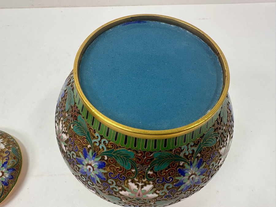 Stunning Chinese Cloisonné Lidded Jar With Foo Dog Finial 8.5'H [Photo 8]