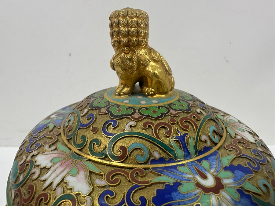 Stunning Chinese Cloisonné Lidded Jar With Foo Dog Finial 8.5'H [Photo 6]