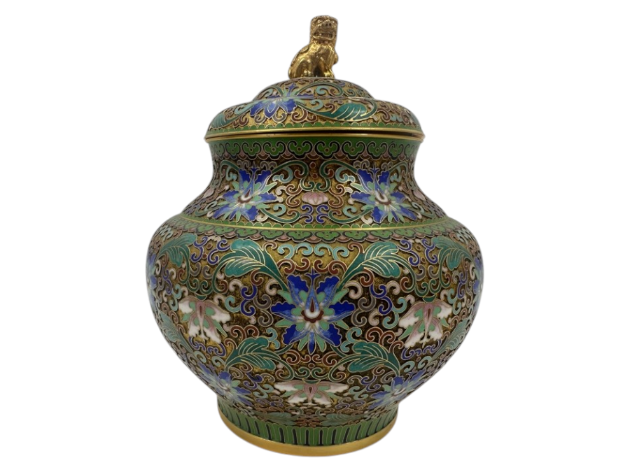 Stunning Chinese Cloisonné Lidded Jar With Foo Dog Finial 8.5'H