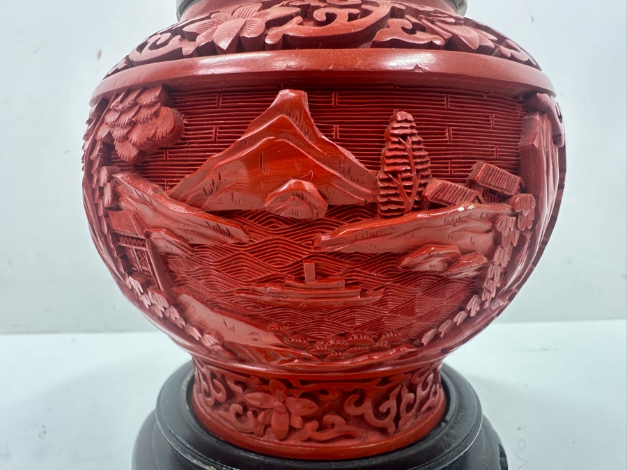 Intricately Carved Red Lacquer Ware Urn With Stand Depicting A Landscape Scene, Charles & Company Hong Kong 7'H [Photo 7]