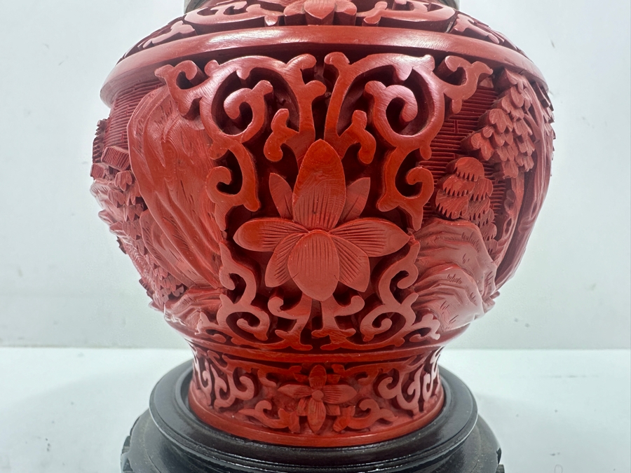Intricately Carved Red Lacquer Ware Urn With Stand Depicting A Landscape Scene, Charles & Company Hong Kong 7'H [Photo 6]