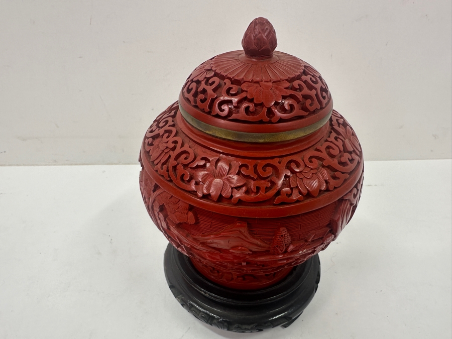 Intricately Carved Red Lacquer Ware Urn With Stand Depicting A Landscape Scene, Charles & Company Hong Kong 7'H [Photo 8]