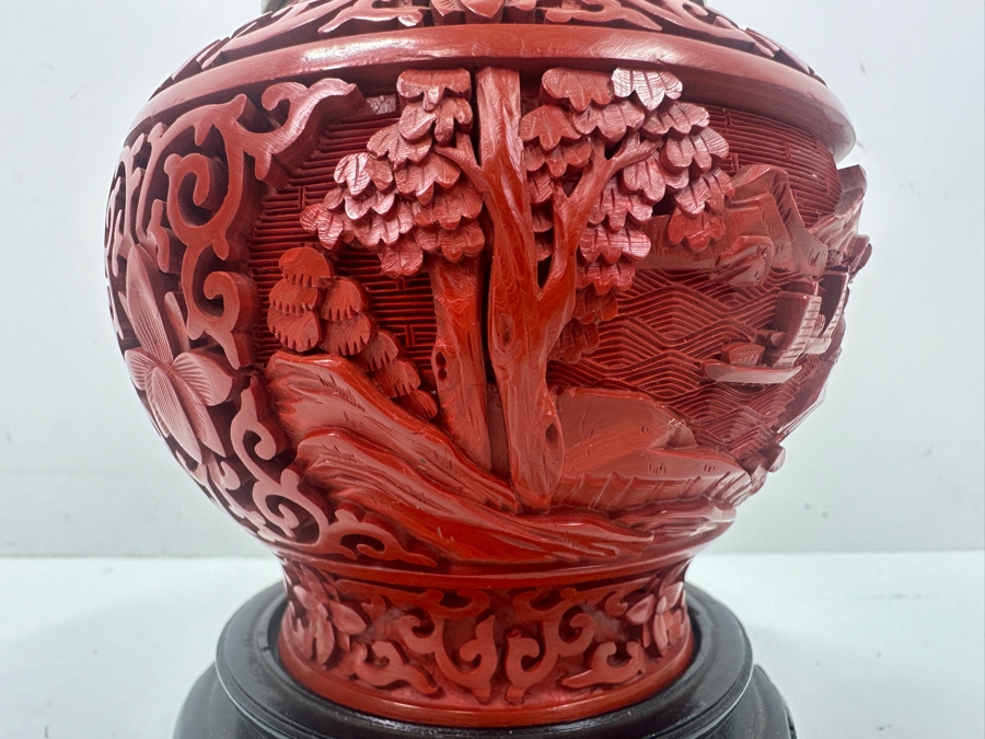 Intricately Carved Red Lacquer Ware Urn With Stand Depicting A Landscape Scene, Charles & Company Hong Kong 7'H [Photo 5]