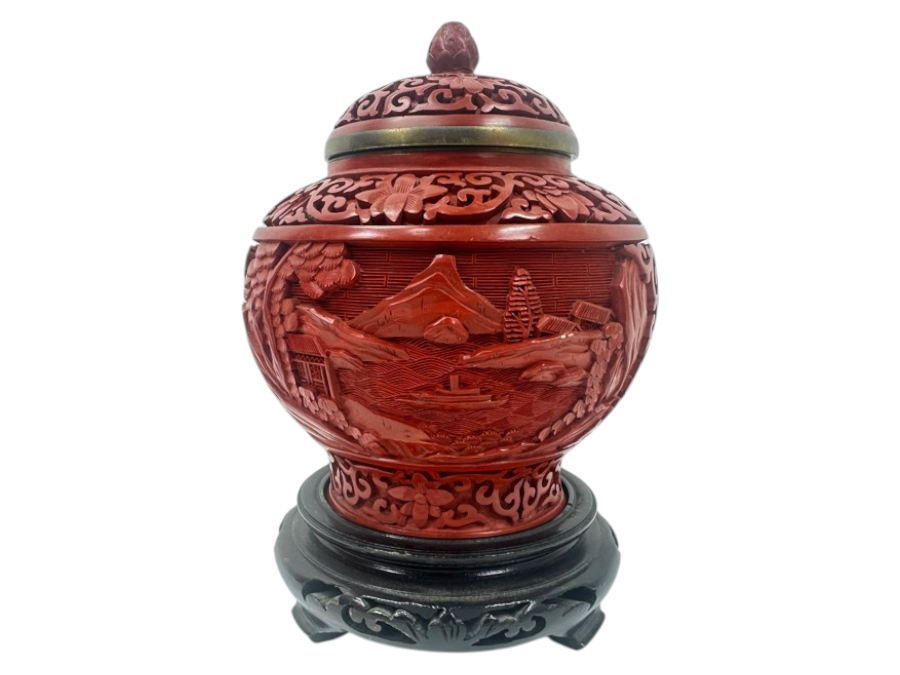Intricately Carved Red Lacquer Ware Urn With Stand Depicting A Landscape Scene, Charles & Company Hong Kong 7'H