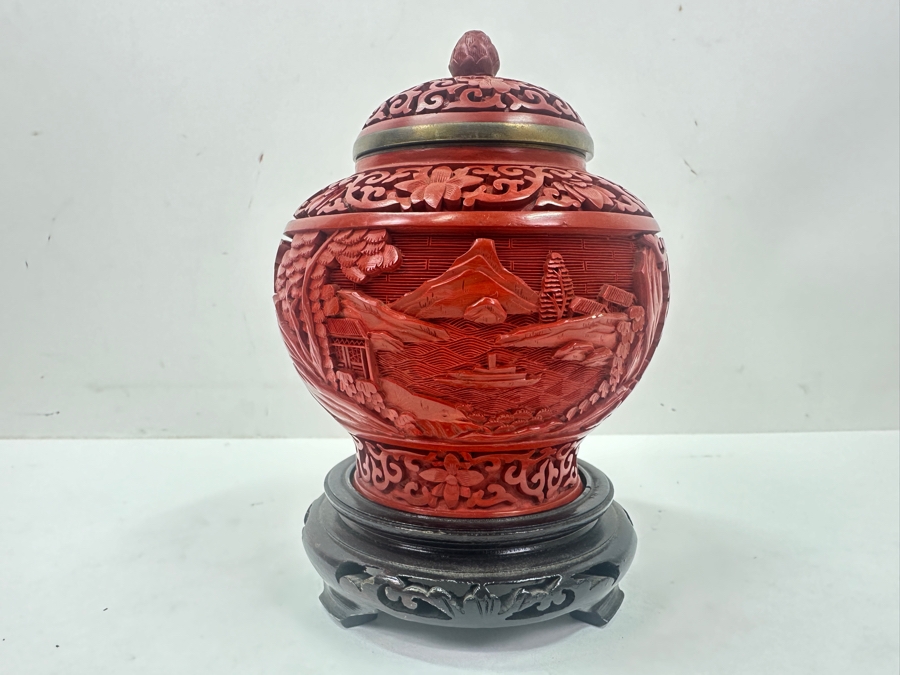 Intricately Carved Red Lacquer Ware Urn With Stand Depicting A Landscape Scene, Charles & Company Hong Kong 7'H [Photo 2]