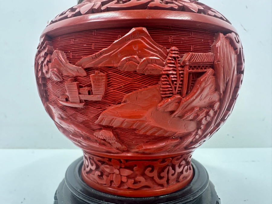 Intricately Carved Red Lacquer Ware Urn With Stand Depicting A Landscape Scene, Charles & Company Hong Kong 7'H [Photo 4]