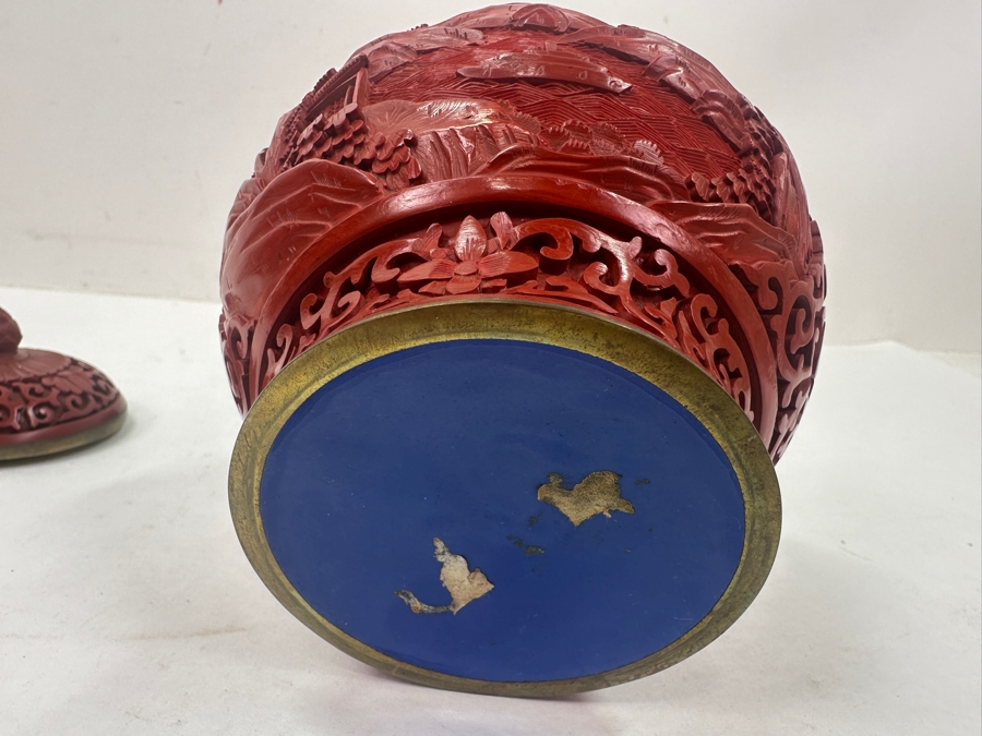 Intricately Carved Red Lacquer Ware Urn With Stand Depicting A Landscape Scene, Charles & Company Hong Kong 7'H [Photo 10]