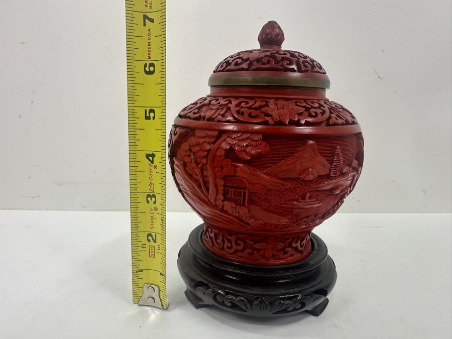 Intricately Carved Red Lacquer Ware Urn With Stand Depicting A Landscape Scene, Charles & Company Hong Kong 7'H [Photo 14]