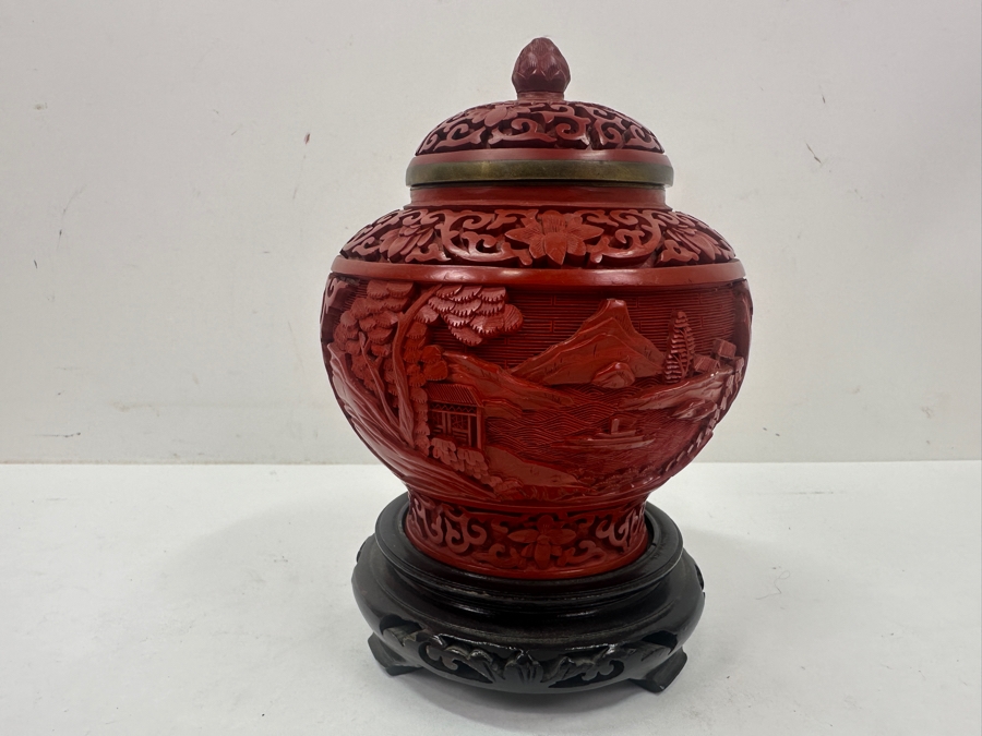 Intricately Carved Red Lacquer Ware Urn With Stand Depicting A Landscape Scene, Charles & Company Hong Kong 7'H [Photo 15]