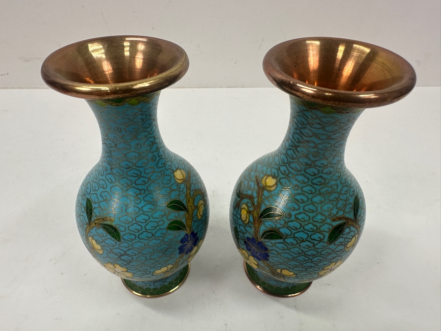 Pair Of Vintage Chinese Copper Enamel Cloisonné Bud Vases 5'H
 [Photo 3]