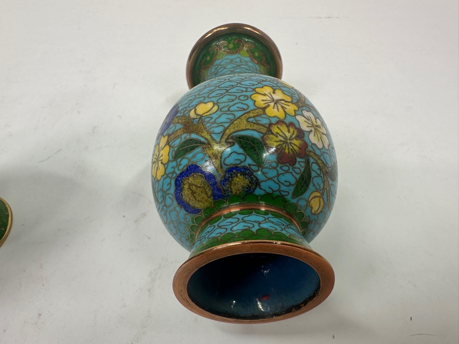 Pair Of Vintage Chinese Copper Enamel Cloisonné Bud Vases 5'H
 [Photo 5]