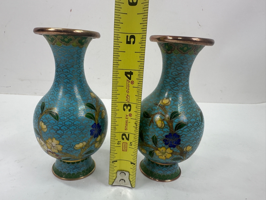 Pair Of Vintage Chinese Copper Enamel Cloisonné Bud Vases 5'H
 [Photo 6]