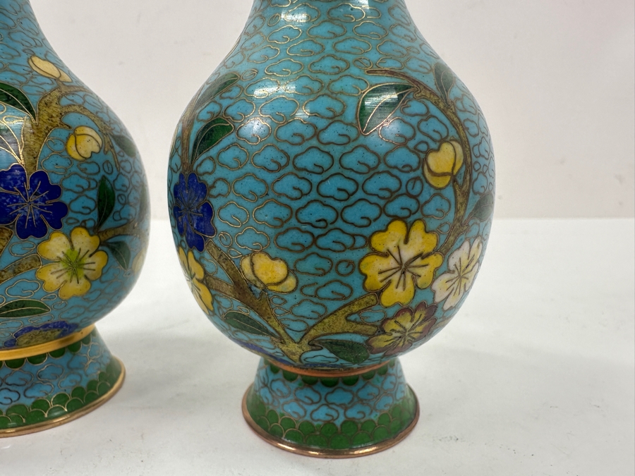 Pair Of Vintage Chinese Copper Enamel Cloisonné Bud Vases 5'H
 [Photo 2]