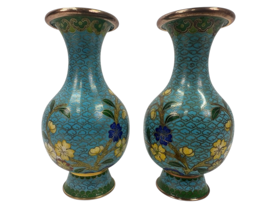 Pair Of Vintage Chinese Copper Enamel Cloisonné Bud Vases 5'H
