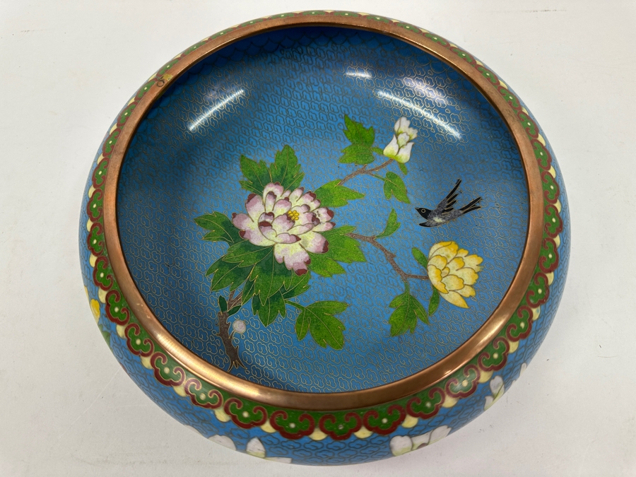 Chinese Cloisonné Bowl With Floral And Bird Motif And Copper Trim 9'W x 3.25'H [Photo 2]