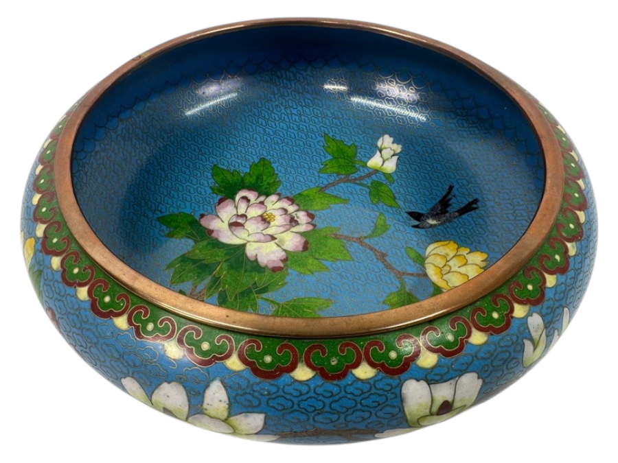 Chinese Cloisonné Bowl With Floral And Bird Motif And Copper Trim 9'W x 3.25'H