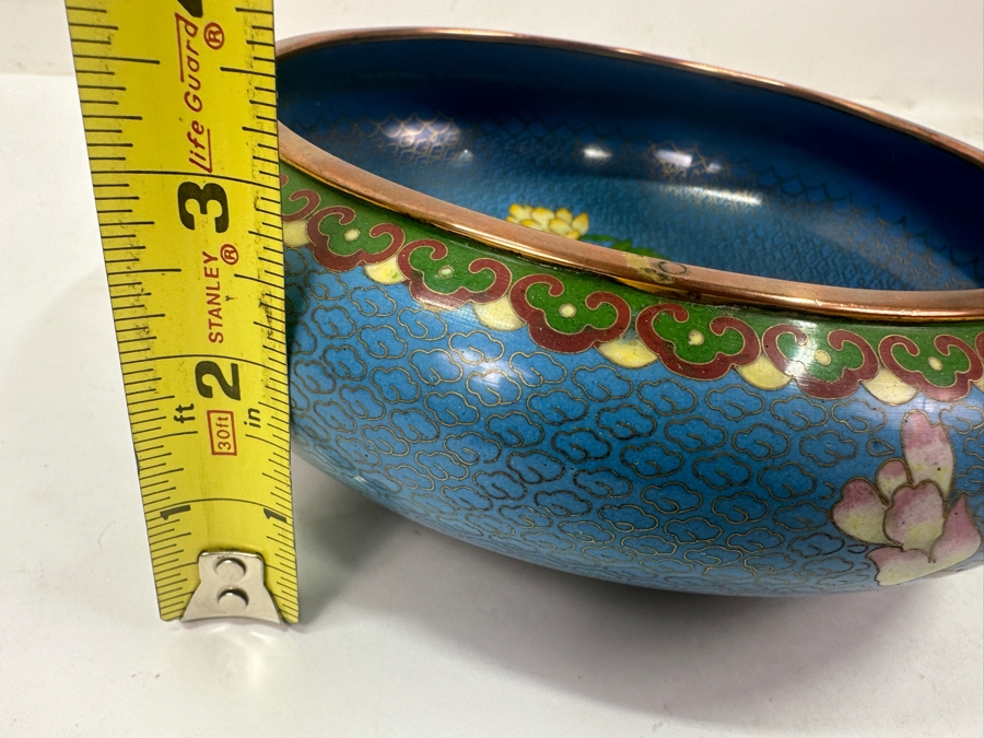Chinese Cloisonné Bowl With Floral And Bird Motif And Copper Trim 9'W x 3.25'H [Photo 10]