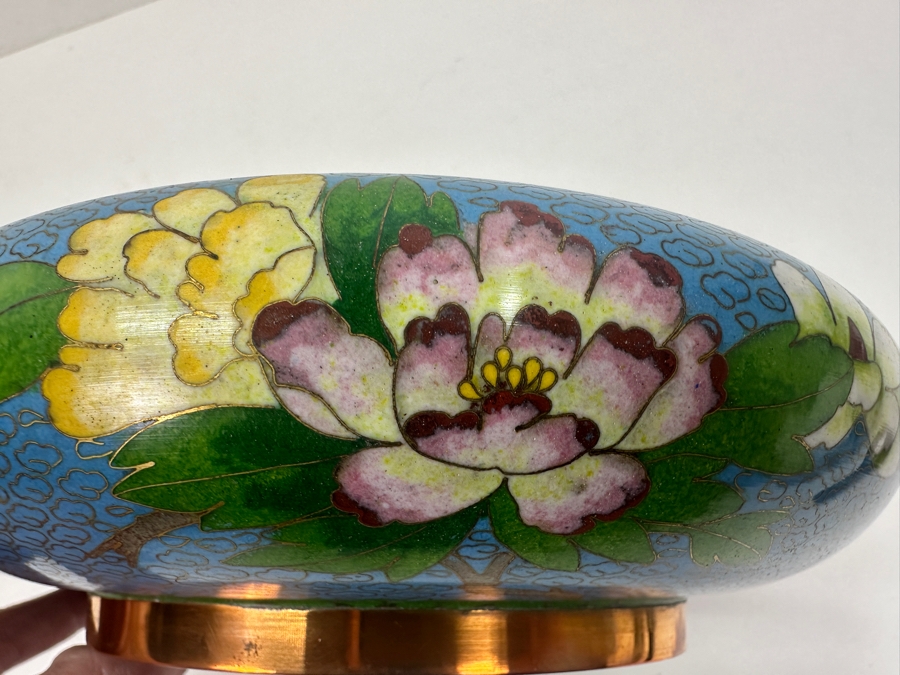 Chinese Cloisonné Bowl With Floral And Bird Motif And Copper Trim 9'W x 3.25'H [Photo 8]