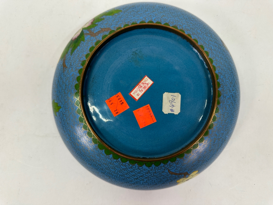 Chinese Cloisonné Bowl With Floral And Bird Motif And Copper Trim 9'W x 3.25'H [Photo 6]