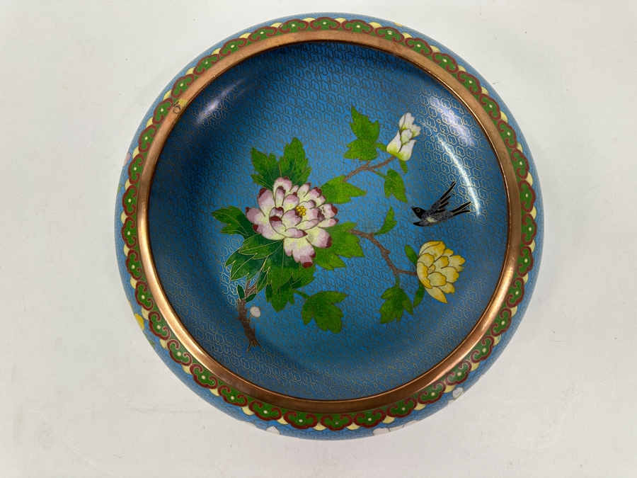 Chinese Cloisonné Bowl With Floral And Bird Motif And Copper Trim 9'W x 3.25'H [Photo 3]