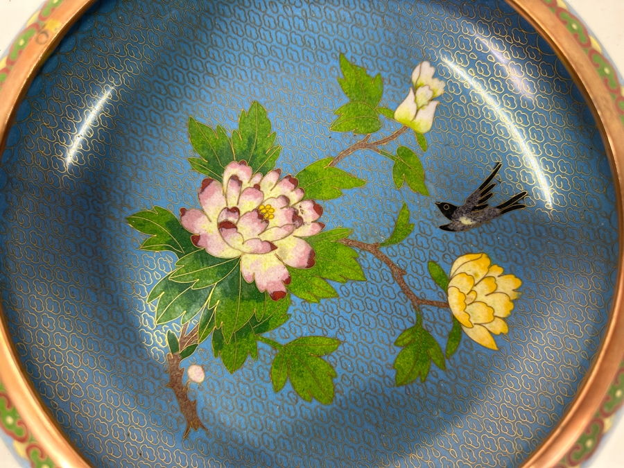 Chinese Cloisonné Bowl With Floral And Bird Motif And Copper Trim 9'W x 3.25'H [Photo 4]