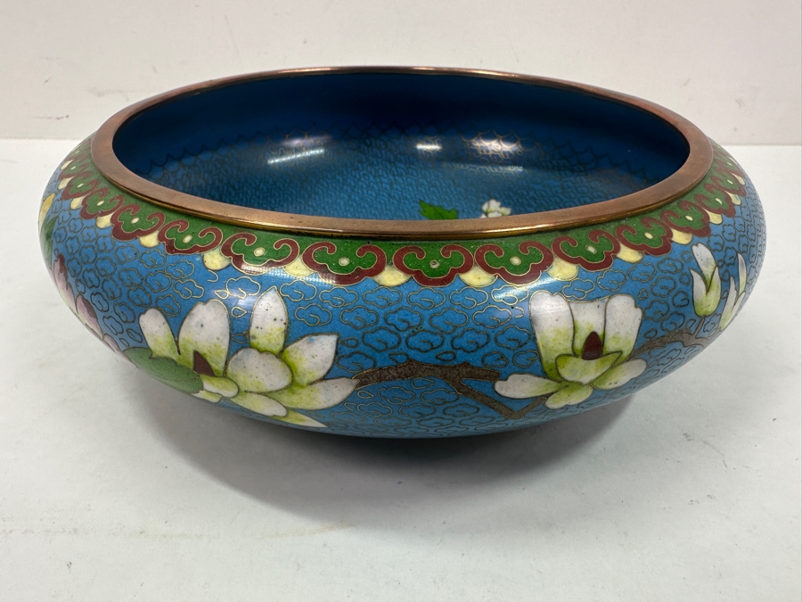 Chinese Cloisonné Bowl With Floral And Bird Motif And Copper Trim 9'W x 3.25'H [Photo 5]