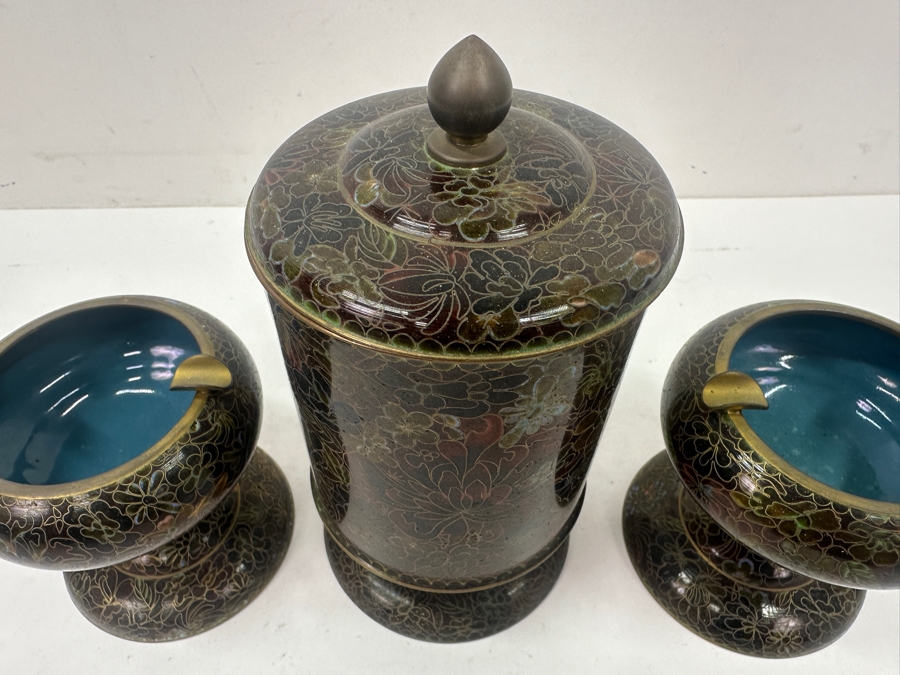 Vintage Chinese Cloisonné Lidded Tobacco Jar and Ashtray Set With Detailed Floral Patterns 3.75'H and 6.5'H [Photo 6]