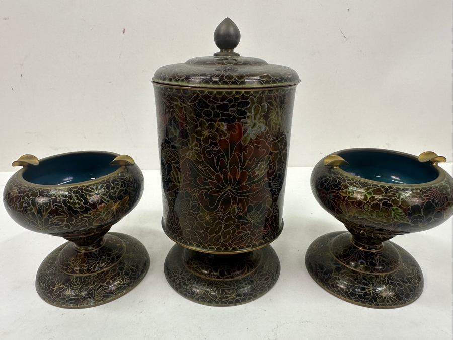 Vintage Chinese Cloisonné Lidded Tobacco Jar and Ashtray Set With Detailed Floral Patterns 3.75'H and 6.5'H [Photo 5]