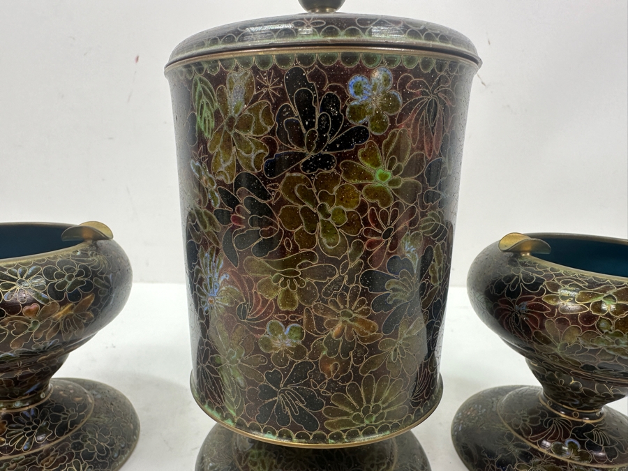 Vintage Chinese Cloisonné Lidded Tobacco Jar and Ashtray Set With Detailed Floral Patterns 3.75'H and 6.5'H [Photo 12]