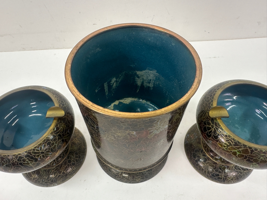 Vintage Chinese Cloisonné Lidded Tobacco Jar and Ashtray Set With Detailed Floral Patterns 3.75'H and 6.5'H [Photo 7]