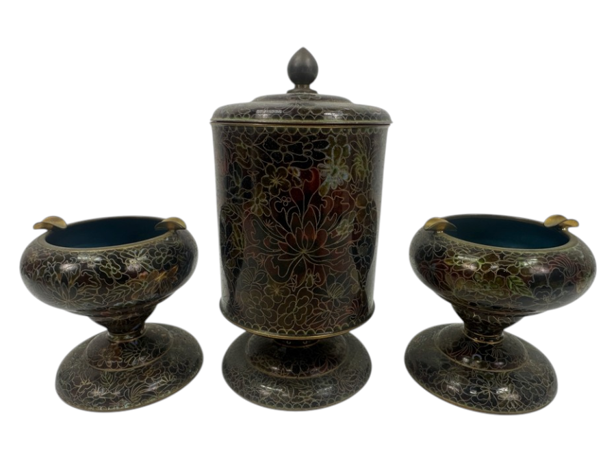 Vintage Chinese Cloisonné Lidded Tobacco Jar and Ashtray Set With Detailed Floral Patterns 3.75'H and 6.5'H