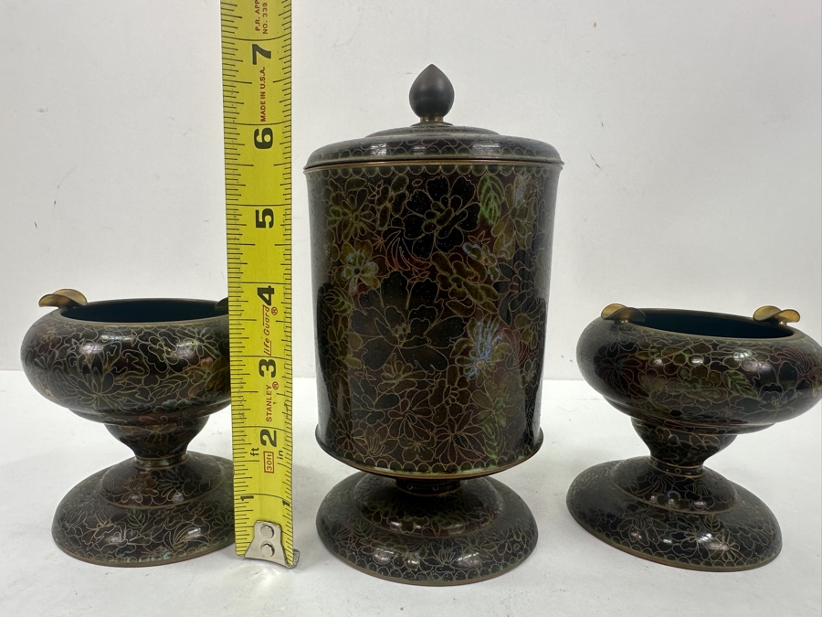 Vintage Chinese Cloisonné Lidded Tobacco Jar and Ashtray Set With Detailed Floral Patterns 3.75'H and 6.5'H [Photo 14]