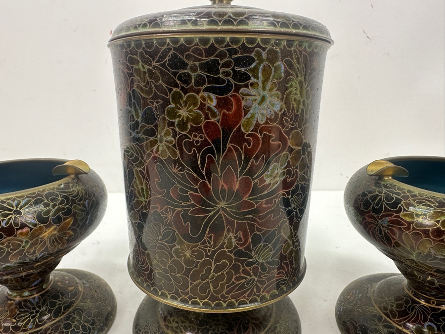 Vintage Chinese Cloisonné Lidded Tobacco Jar and Ashtray Set With Detailed Floral Patterns 3.75'H and 6.5'H [Photo 3]