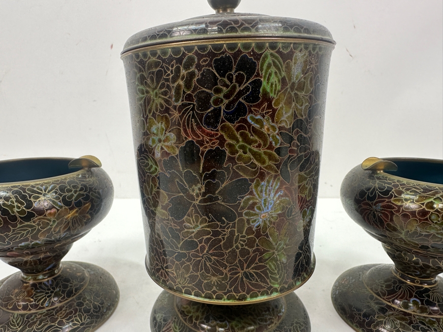 Vintage Chinese Cloisonné Lidded Tobacco Jar and Ashtray Set With Detailed Floral Patterns 3.75'H and 6.5'H [Photo 13]