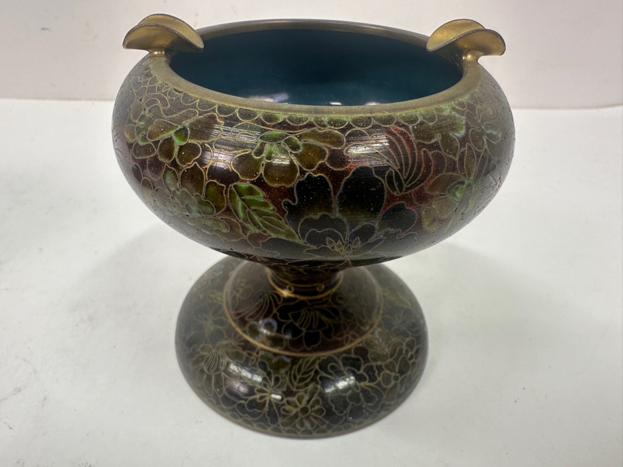Vintage Chinese Cloisonné Lidded Tobacco Jar and Ashtray Set With Detailed Floral Patterns 3.75'H and 6.5'H [Photo 9]